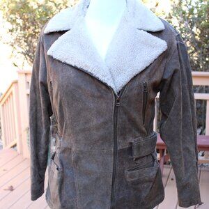 VTG Winlit Leather Women Leather Jacket S Shearling Sherpa Lined Belted Double B